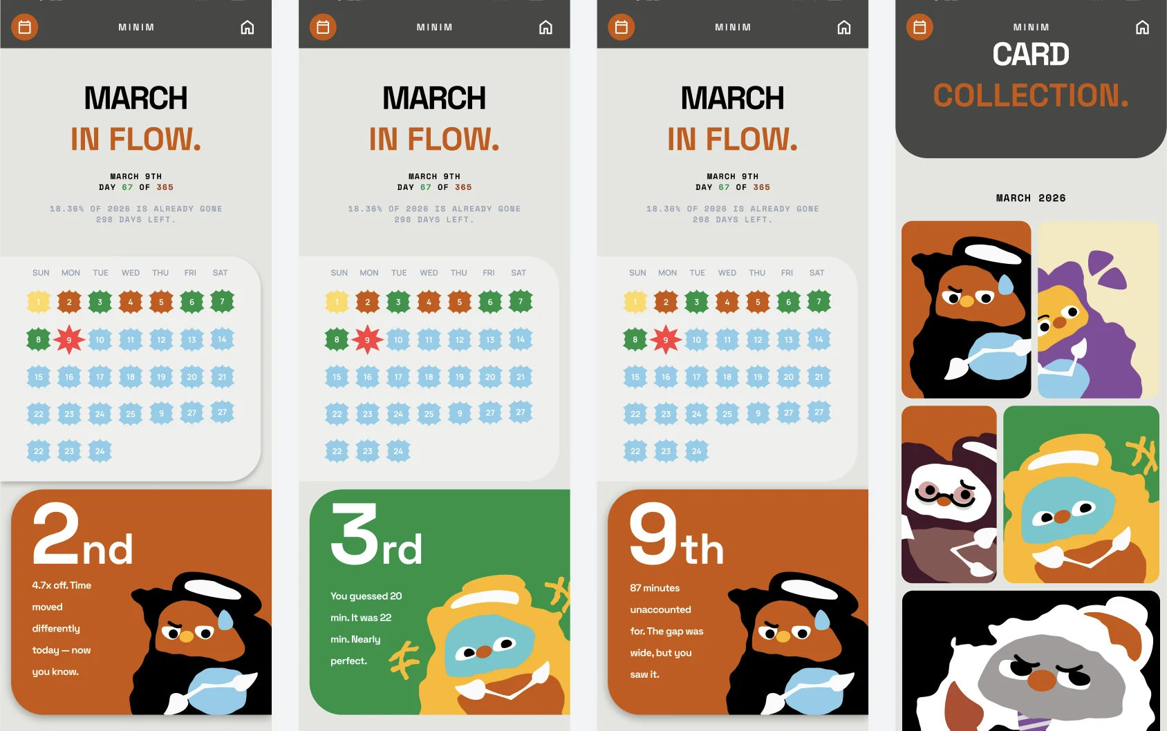 MINIM daily calendar, time-perception cards, and illustrated card collection