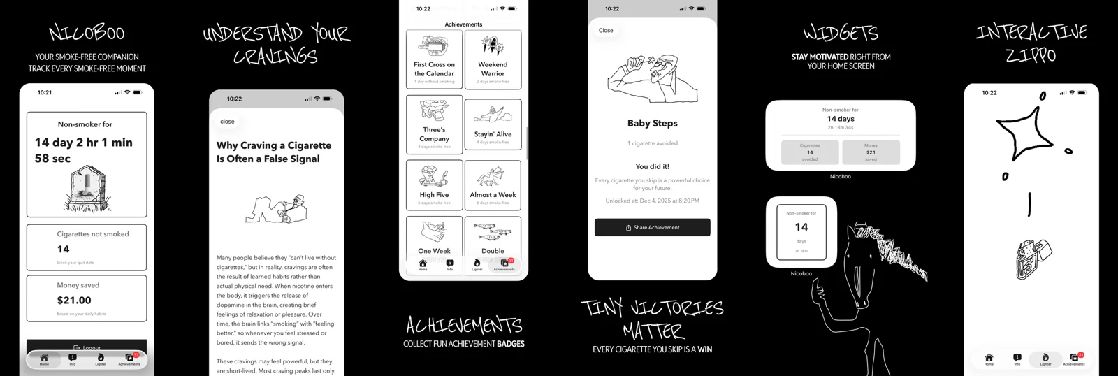 Nicoboo iPhone interface and hand-drawn visual system
