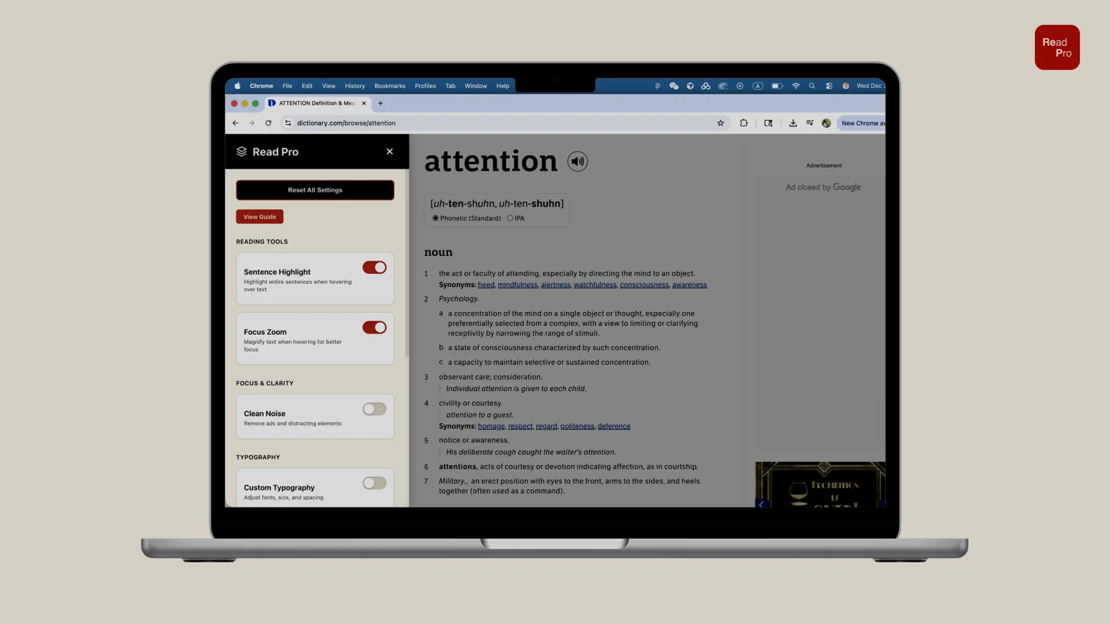 ReadPro reading controls alongside a simplified article