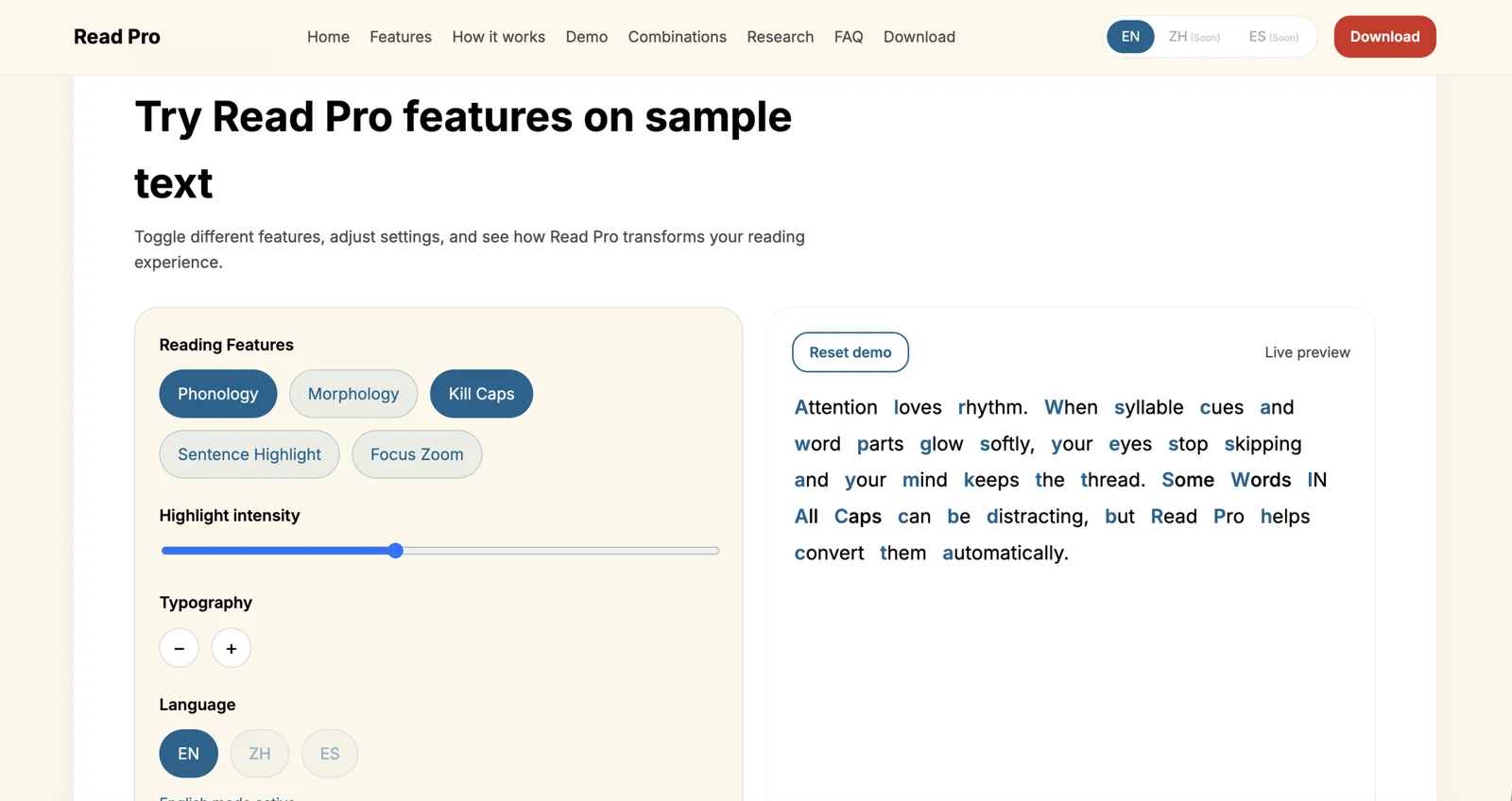 ReadPro’s interactive sample text and reading controls.