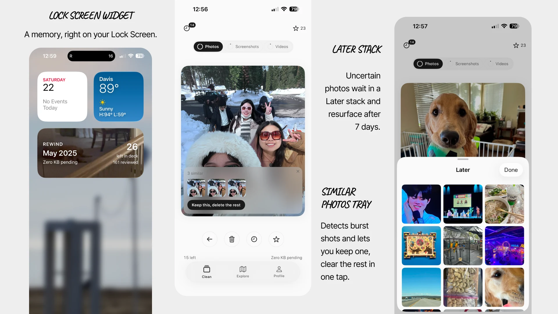 Rewind lock-screen widget, memory deck, Later Stack, and similar-photo tray