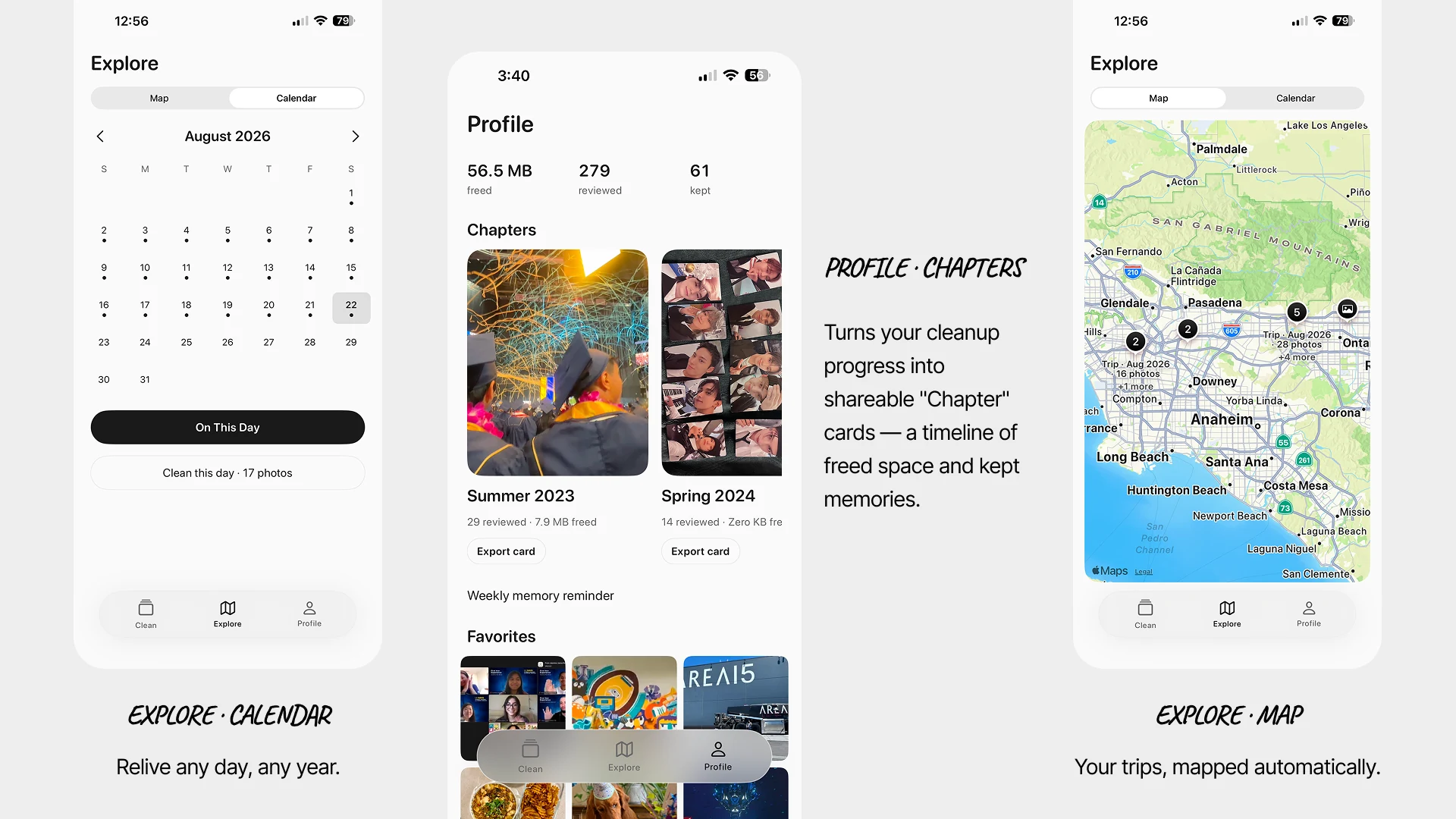 Explore past memories through the calendar, Chapters, and map.