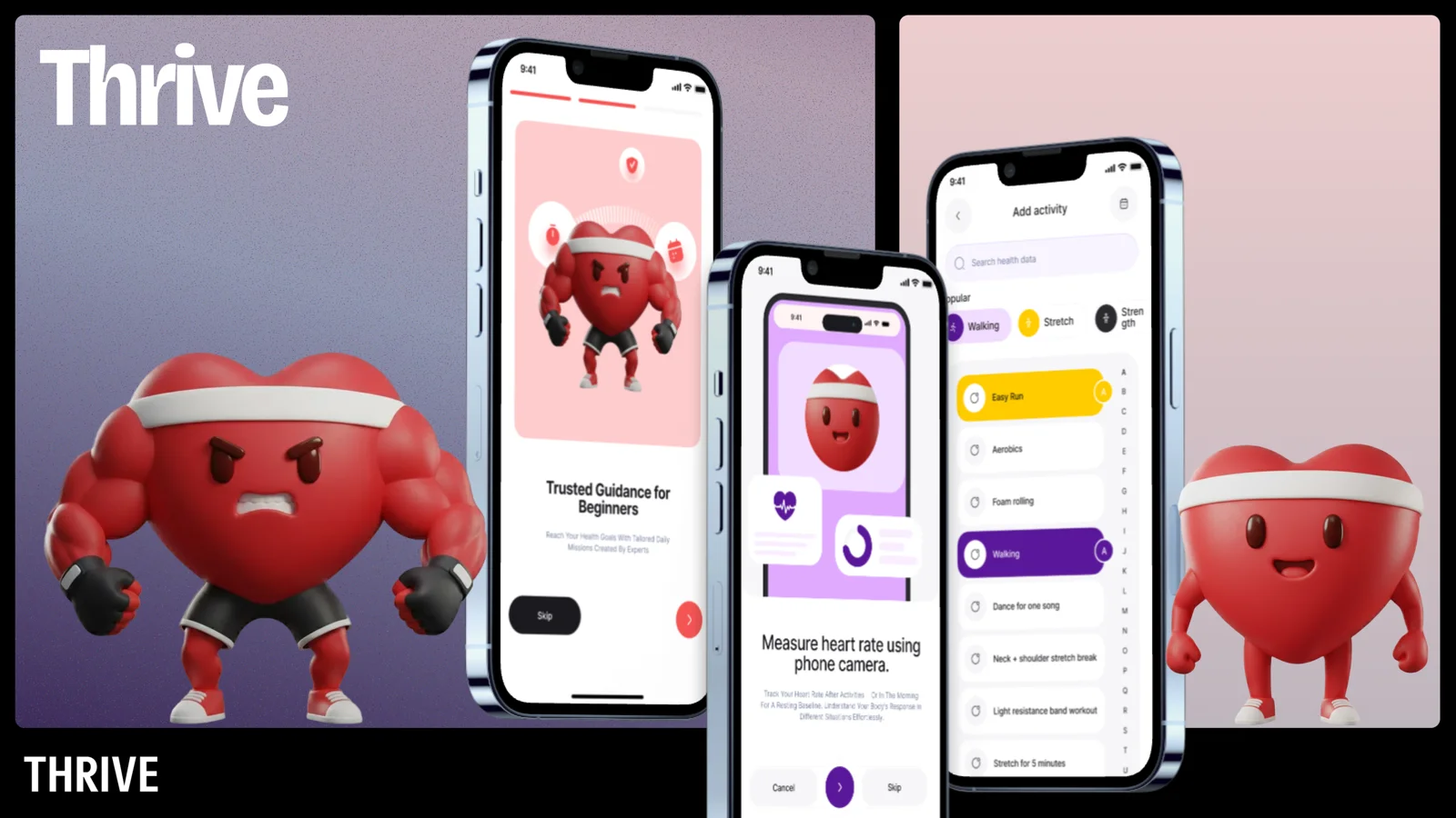 Thrive wellness app screens and illustrated heart characters