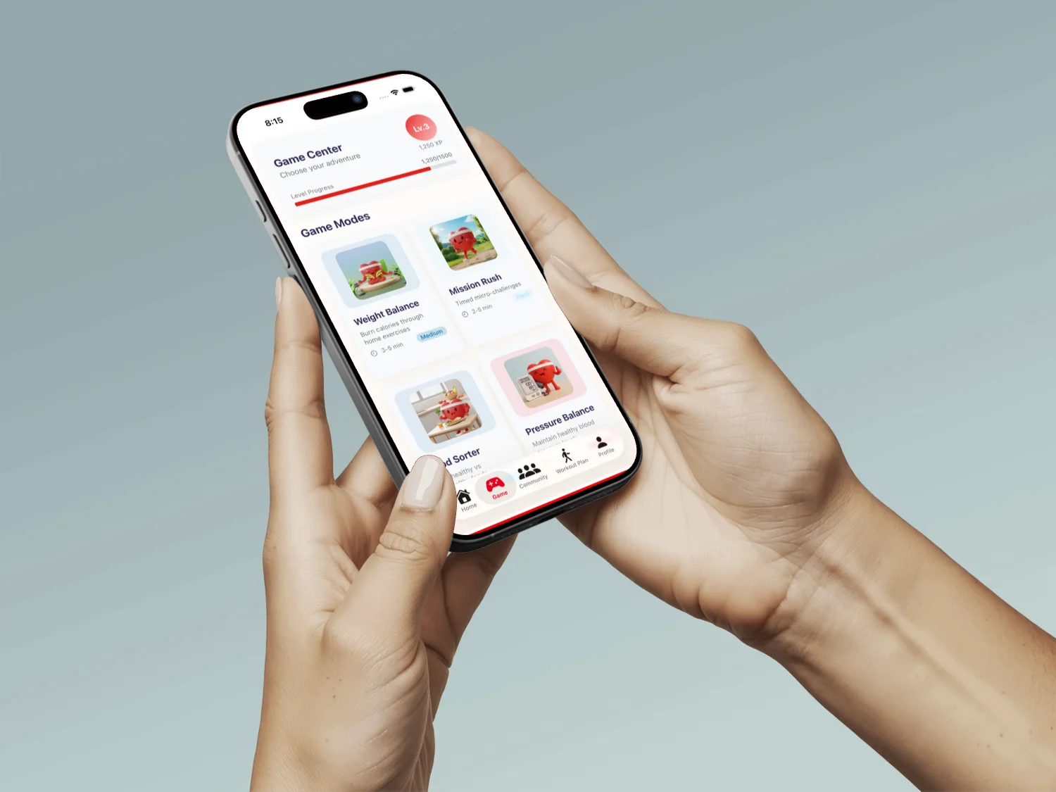 The mobile concept combines encouragement, activities, and personal progress.